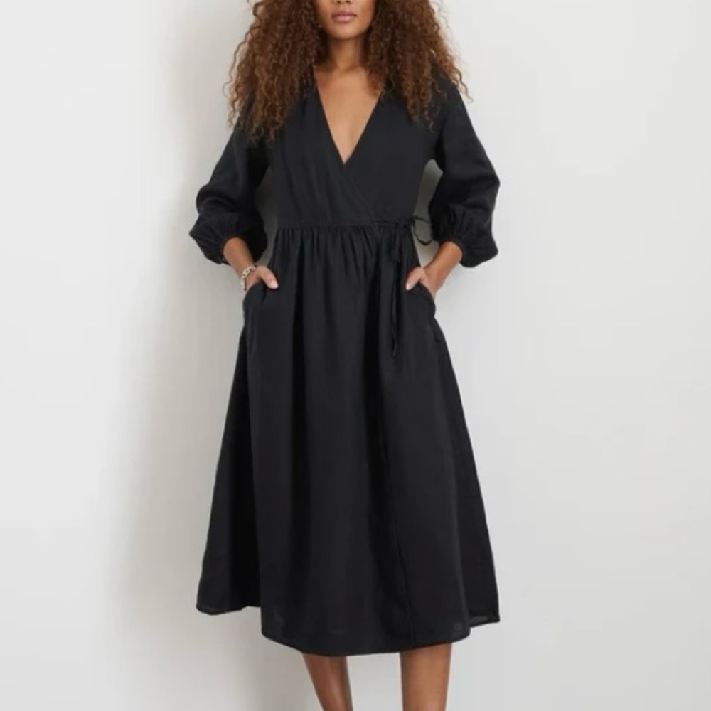 NWOT Alex Mill Lauren Long Sleeve Linen Maxi Wrap Dress in Rich Black Large